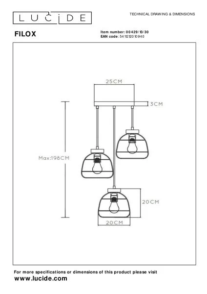 Lucide FILOX - Pendant light - Ø 44,5 cm - 3xE27 - Black - technical